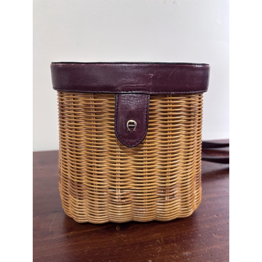 Vintage Etienne Aigner Wicker Rattan Basket Crossbody Bag Burgundy Leather Rare